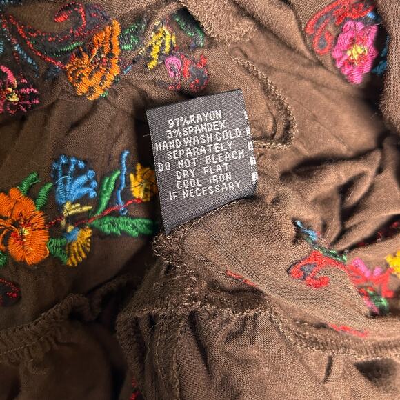 Vintage 90s Lapis Embroidered Sleeveless Boho Midi Dress Womens L Brown Foldover - Picture 7 of 7